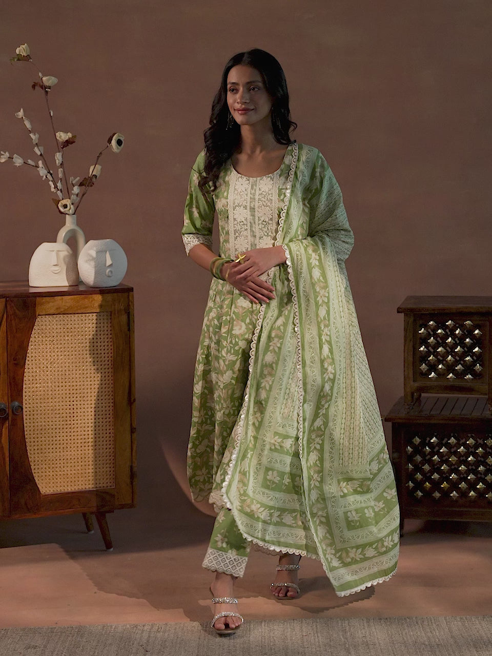 Green Printed Cotton A-Line Kurta With Trousers & Dupatta