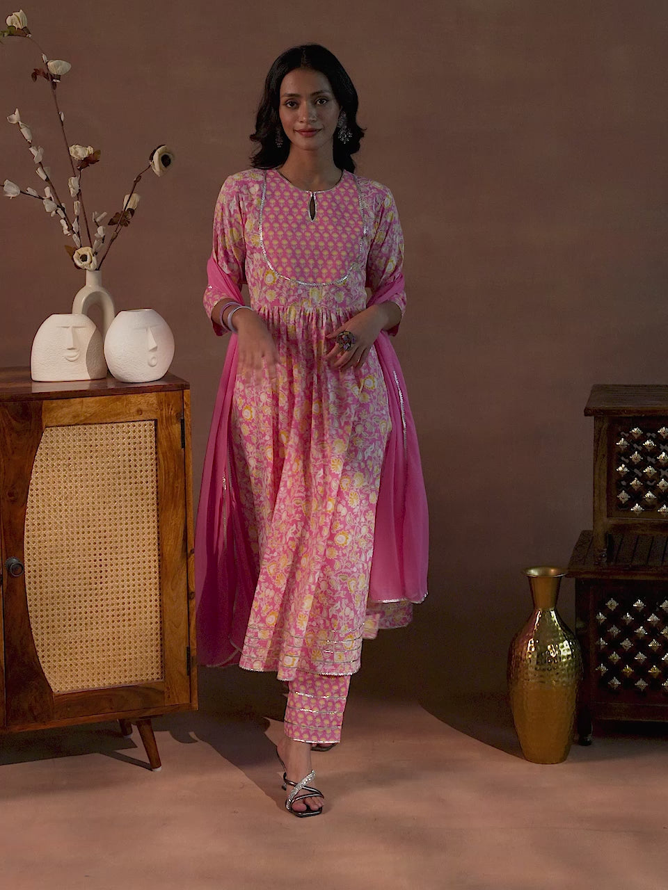 Pink Yoke Design Cotton Anarkali Suit With Dupatta