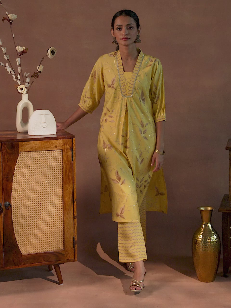 Yellow Printed Silk Blend Straight Kurta Set