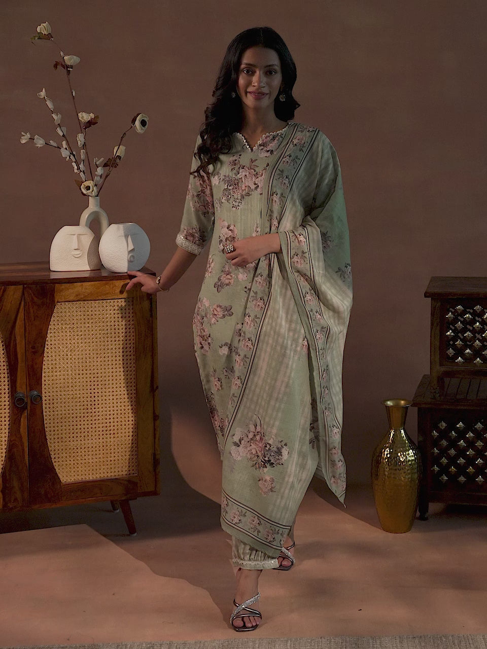 Green Printed Cotton Straight Suit With Dupatta