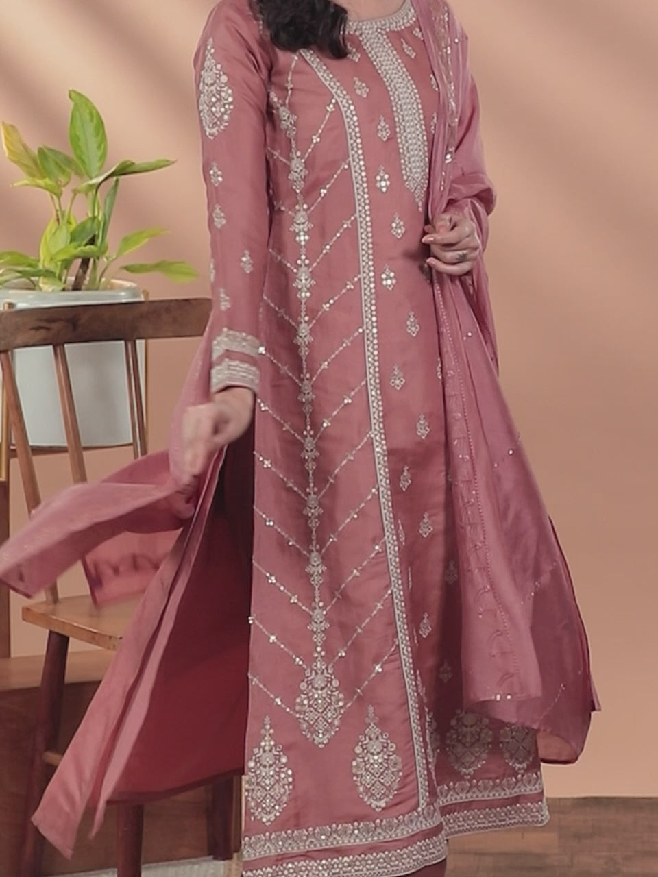 Libas Art Rusty Pink Embroidered Silk Blend A-Line Kurta With Trousers & Dupatta