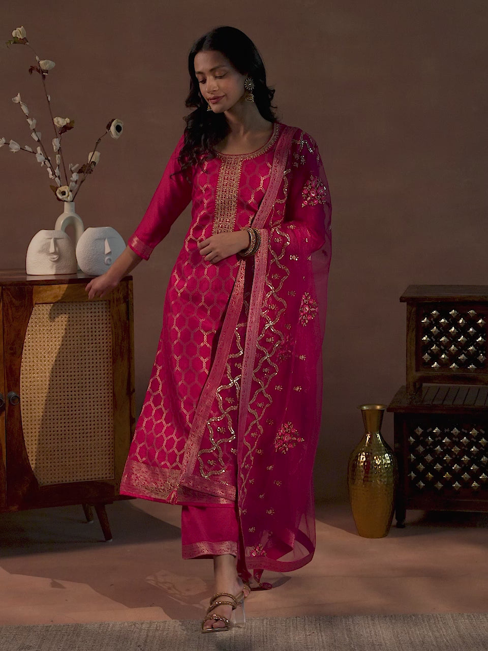 Pink Woven Design Silk Blend Straight Suit With Dupatta