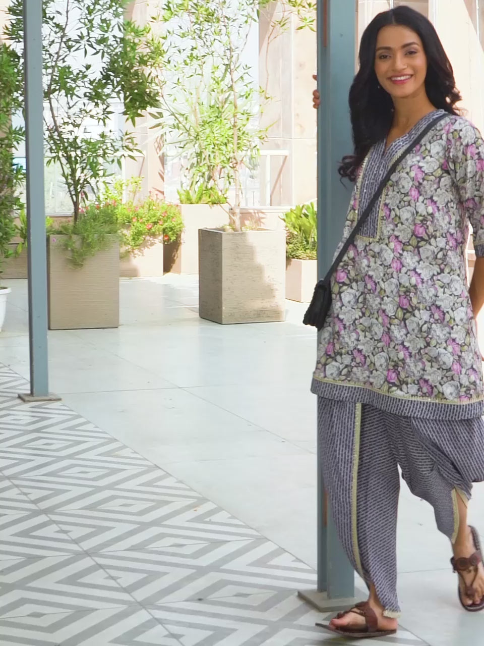 Grey Printed Silk Blend A-Line Kurta With Dhoti Pants