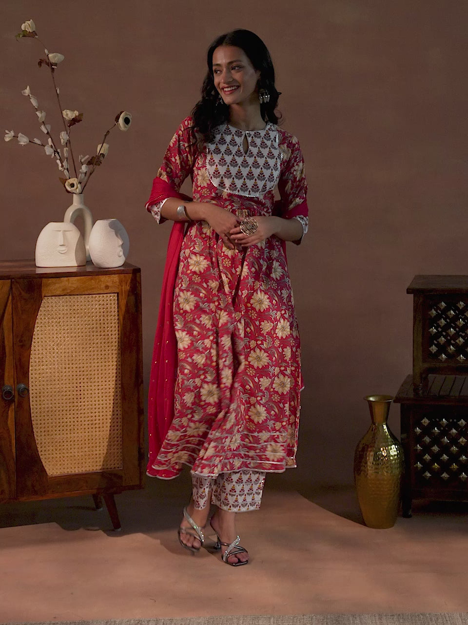 Red Printed Cotton Anarkali Suit With Dupatta