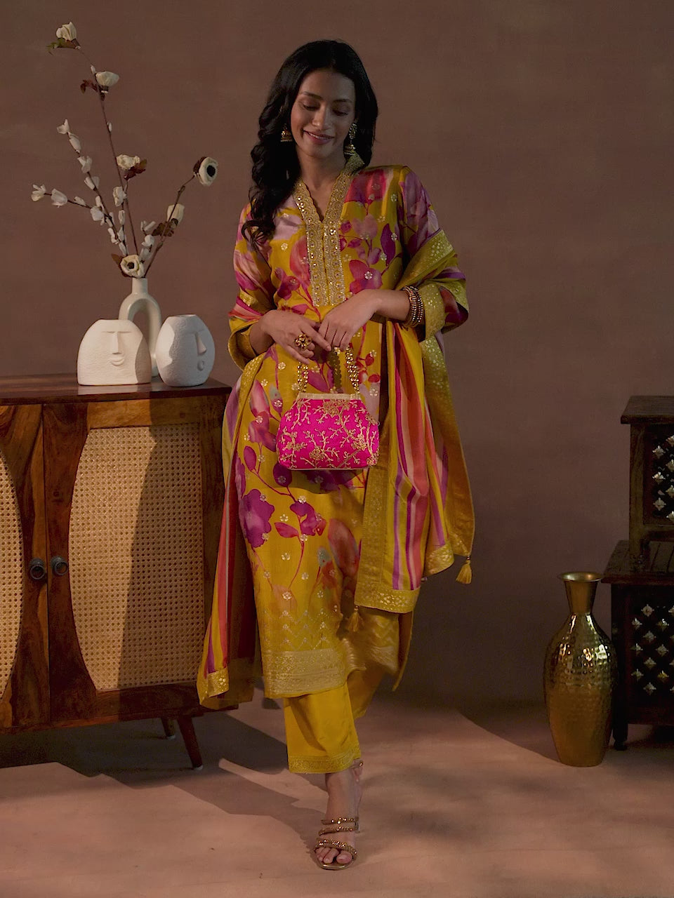 Seher Mustard Printed Silk Blend Straight Kurta With Trousers & Dupatta