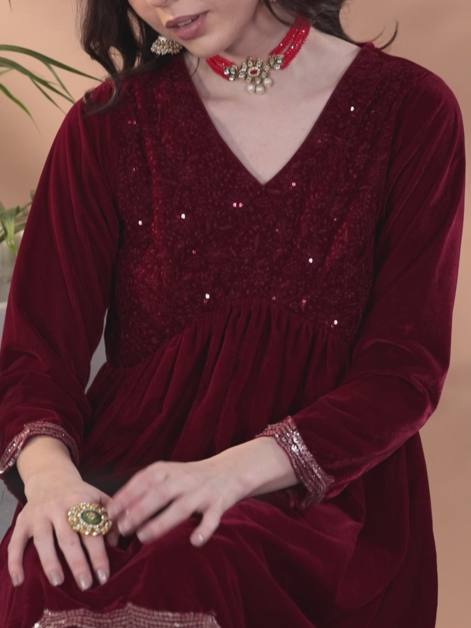 Maroon Embroidered Velvet A-Line Kurti With Sharara & Dupatta