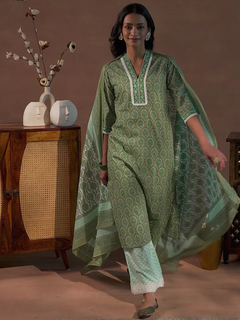 Green Printed Cotton Straight Suit With Dupatta