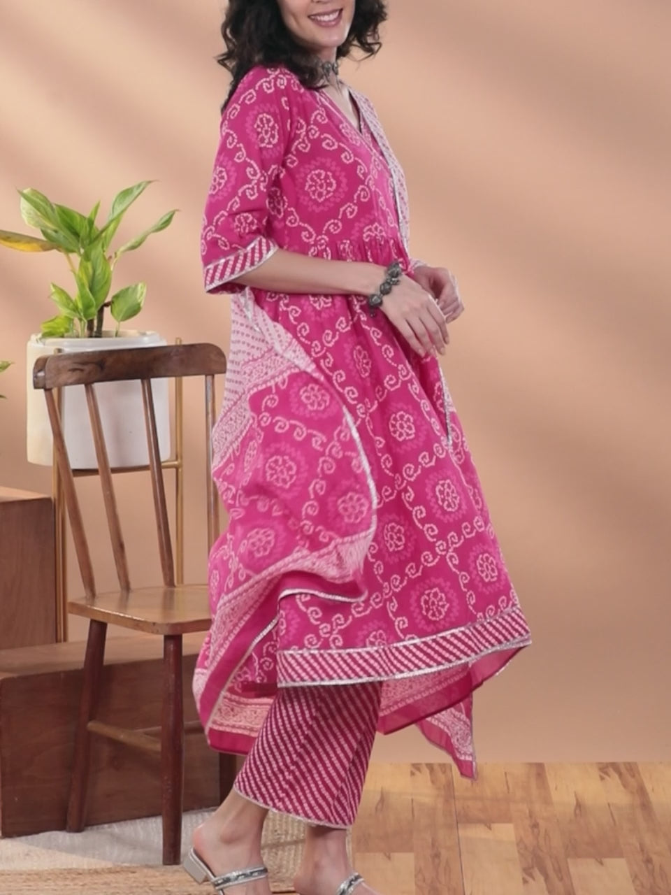 Pink Printed Cotton A-Line Kurta With Trousers & Dupatta