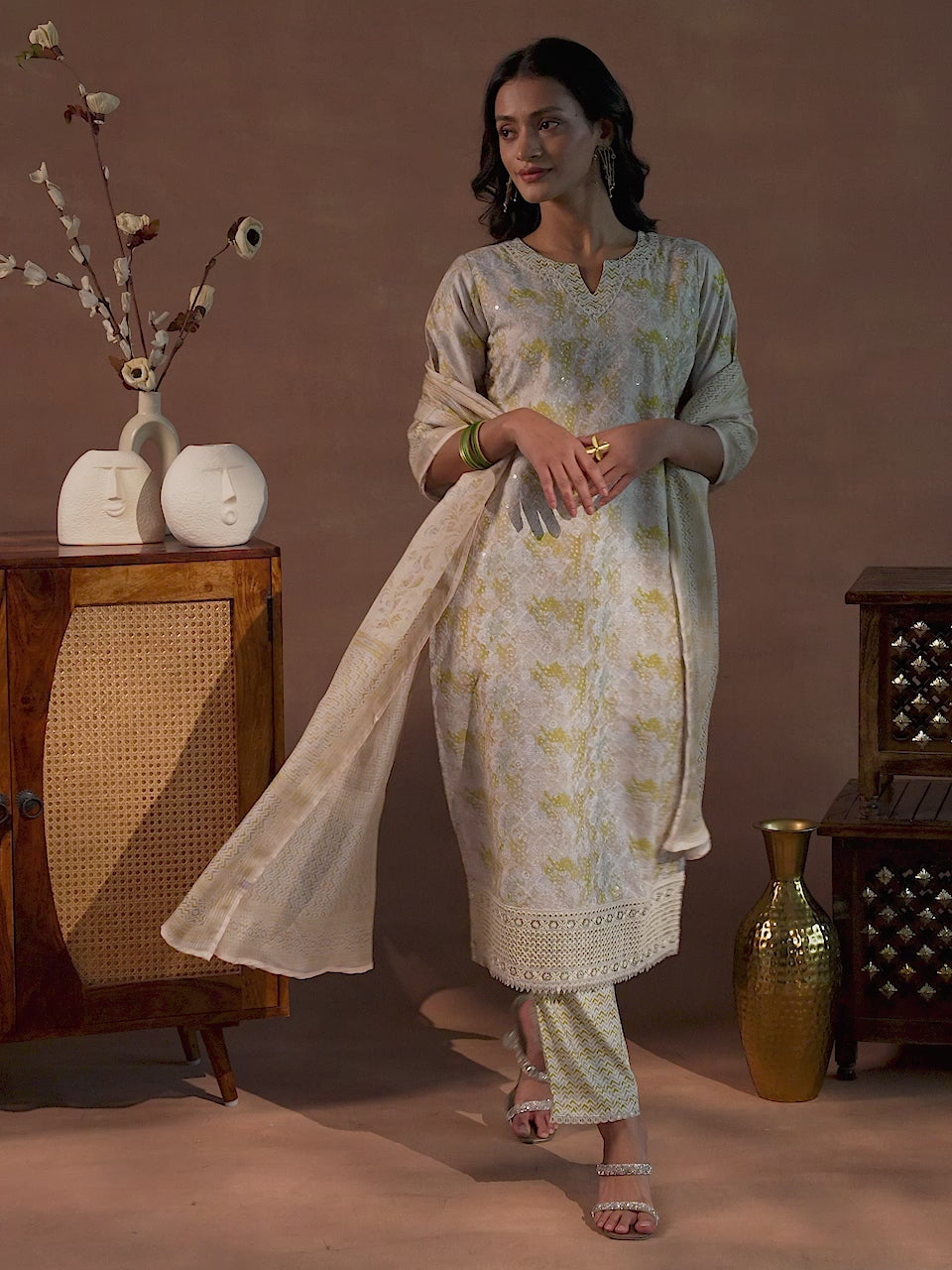 Beige Embroidered Cotton Blend Straight Suit With Dupatta