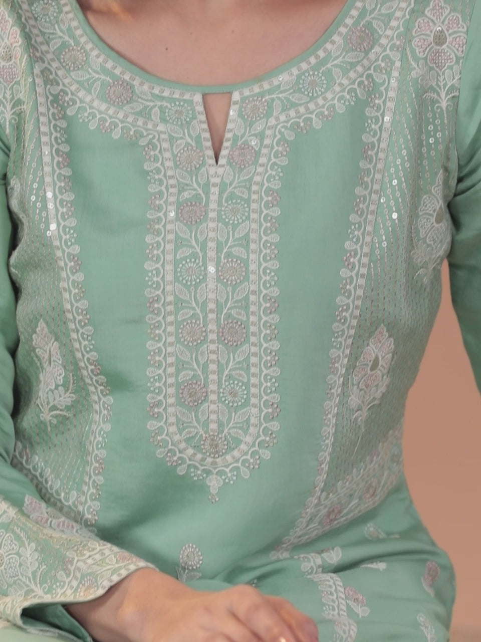 Libas Art Sea Green Embroidered Silk Blend A-Line Kurta With Trousers & Dupatta