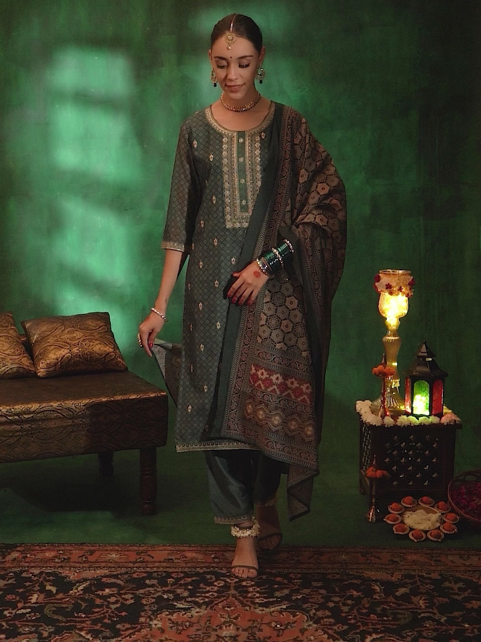 Teal Printed Silk Blend Straight Suit With Dupatta