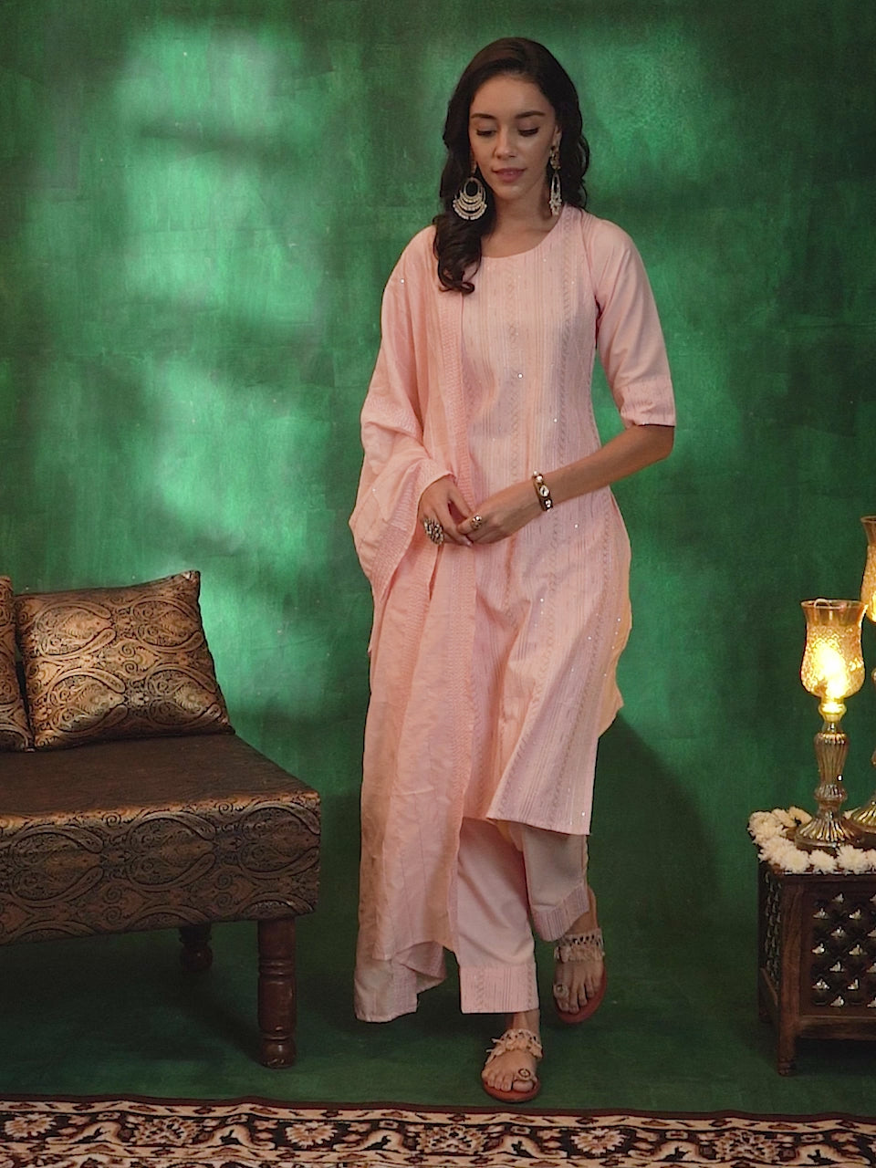 Peach Self Design Silk Blend Straight Suit With Dupatta