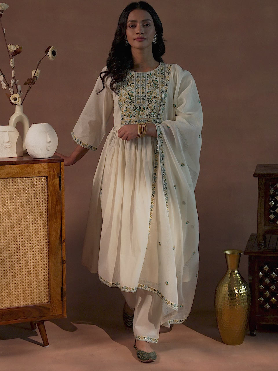 Off White Yoke Design Cotton A-Line Kurta With Palazzos & Dupatta