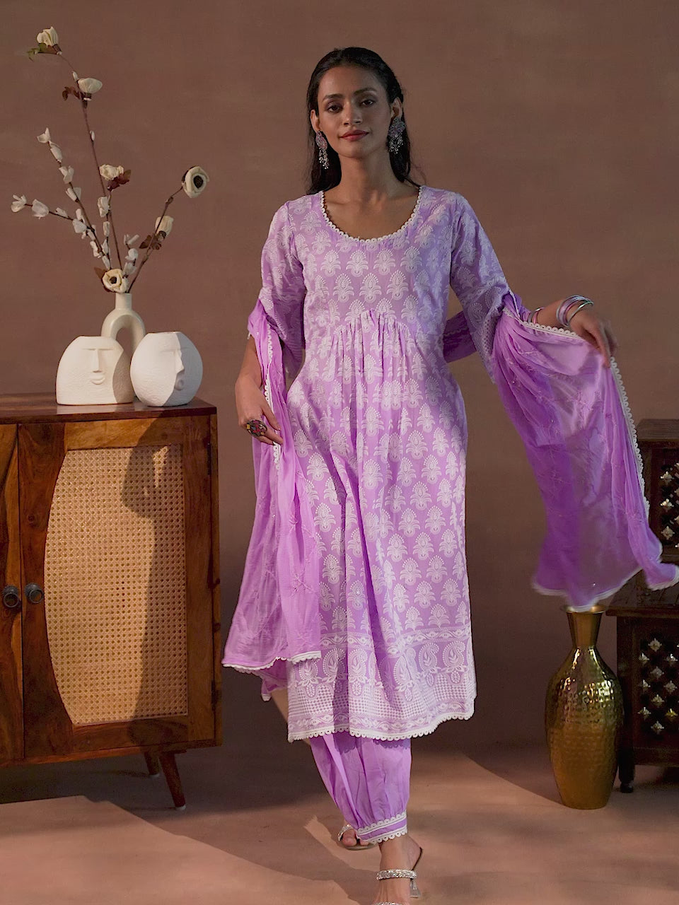 Purple Embroidered Cotton A-Line Kurta With Salwar & Dupatta