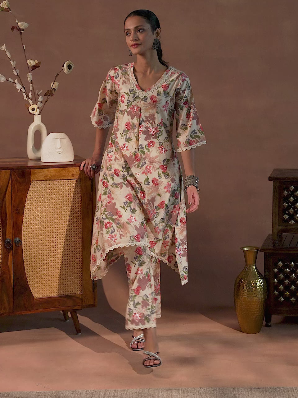 Saavri Beige Printed Chanderi Silk A-Line Kurta With Trousers