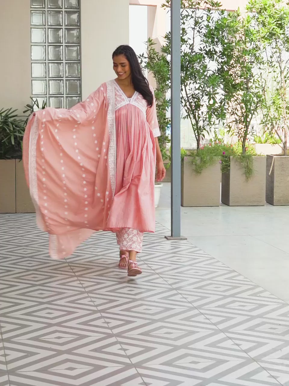 Peach Embroidered Cotton A-Line Kurta With Palazzos & Dupatta