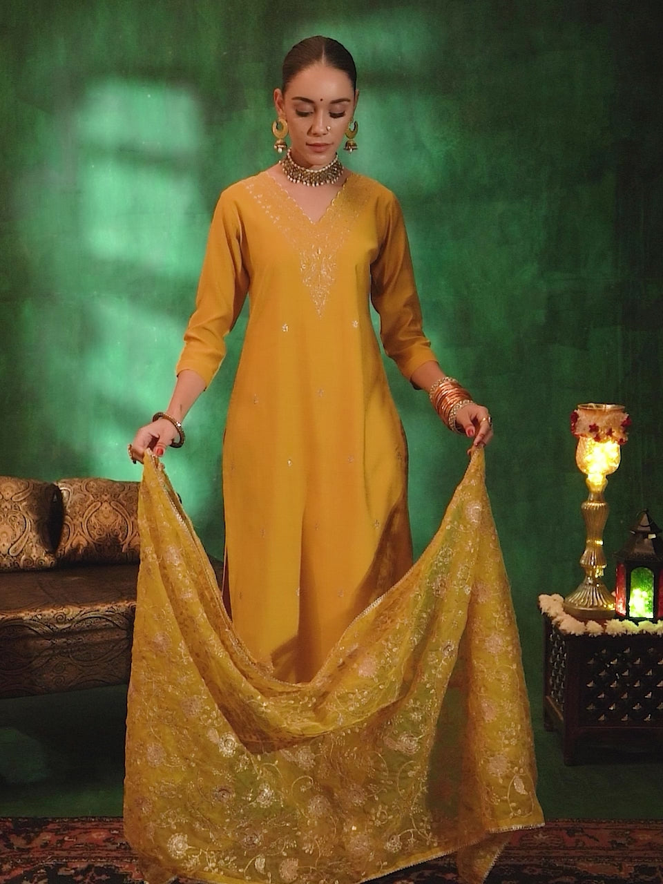 Mustard Embroidered Silk Blend Straight Suit With Dupatta