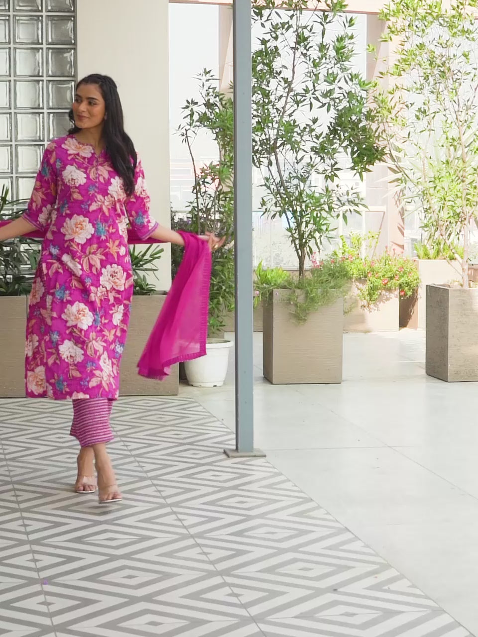 Pink Printed Cotton Straight Suit With Dupatta