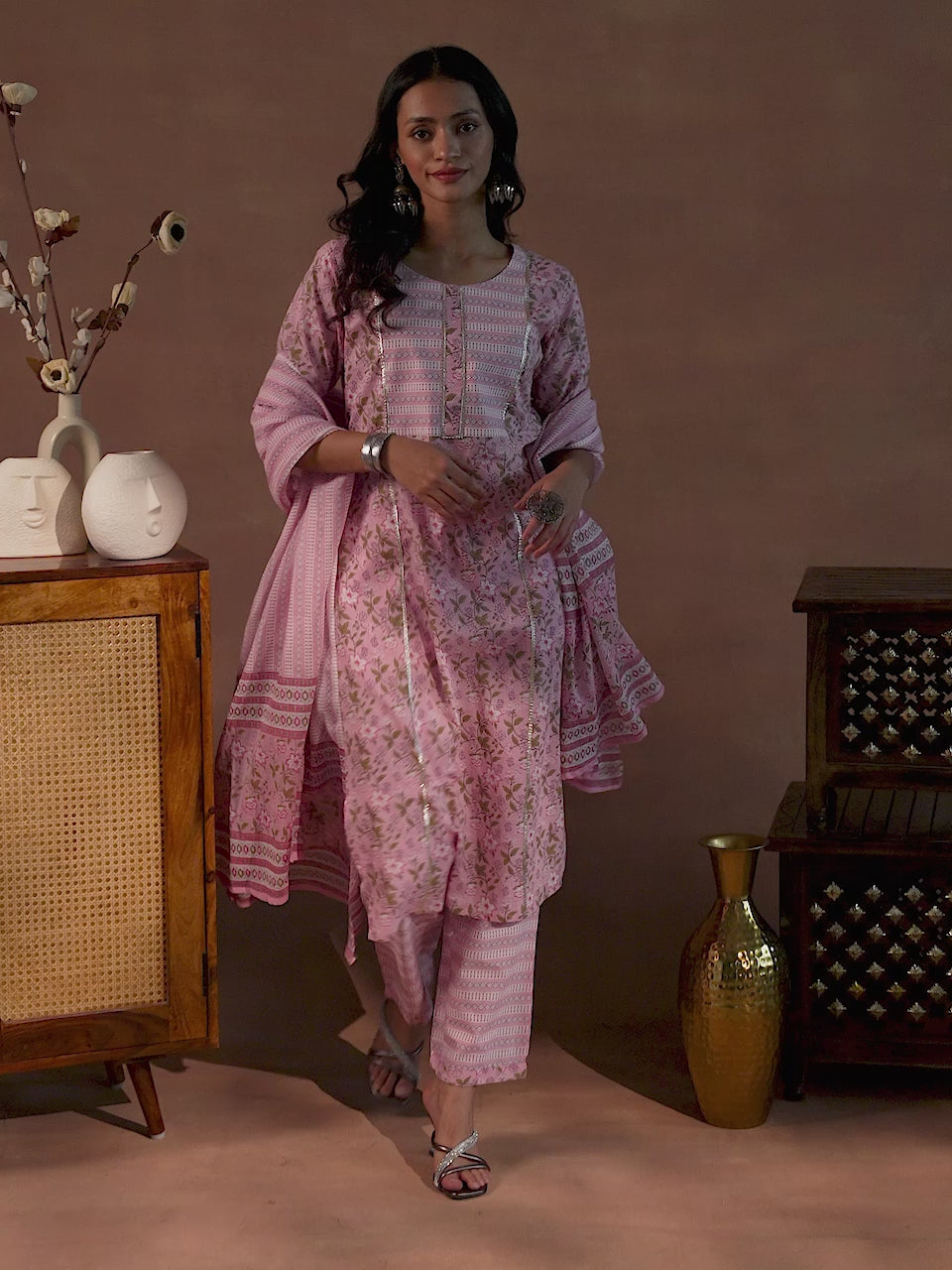 Pink Yoke Design Cotton Straight Suit With Dupatta