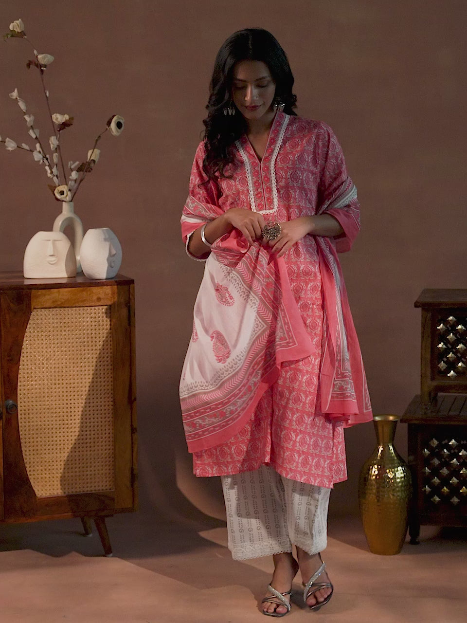 Peach Printed Cotton Straight Suit With Dupatta