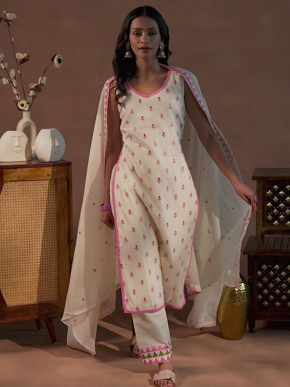 Off White Embroidered Cotton Straight Suit With Dupatta