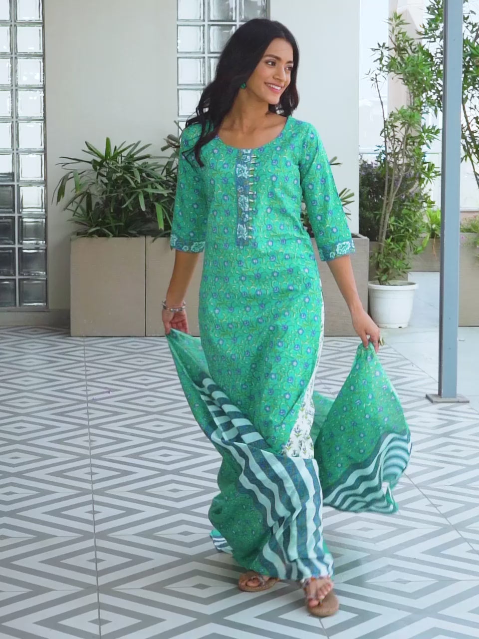 Rama Green Printed Cotton Straight Suit With Dupatta