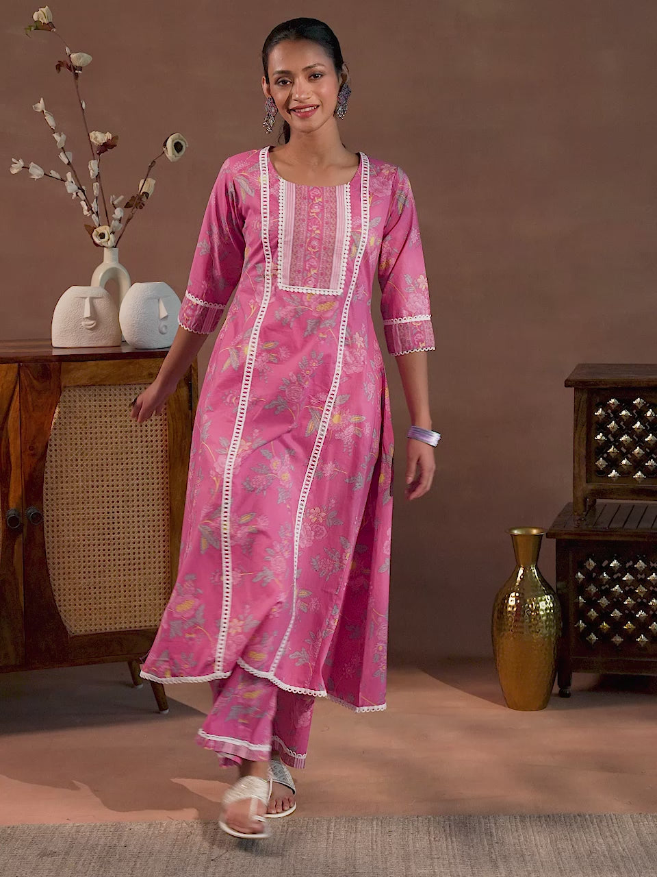 Saahiti Pink Printed Cotton A-Line Kurta With Palazzos