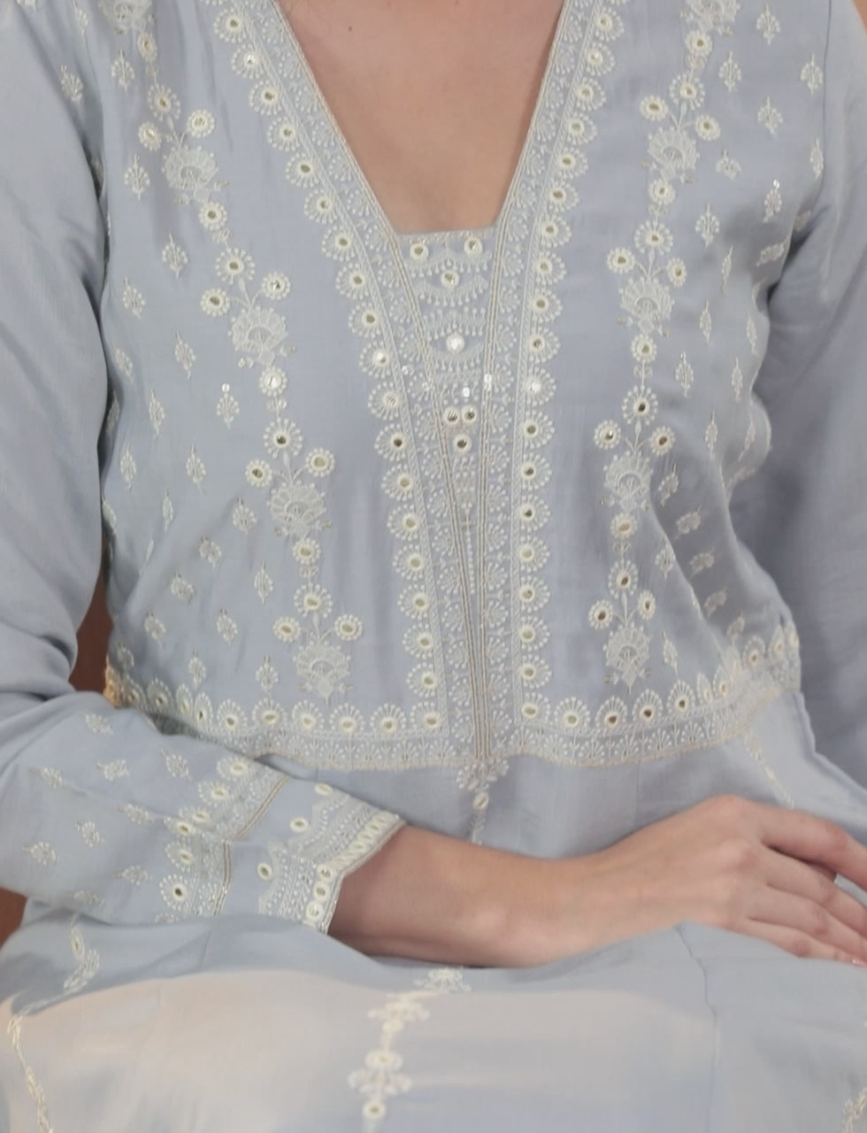 Libas Art Powder Blue Embroidered Silk Blend A-Line Kurta With Trousers & Dupatta