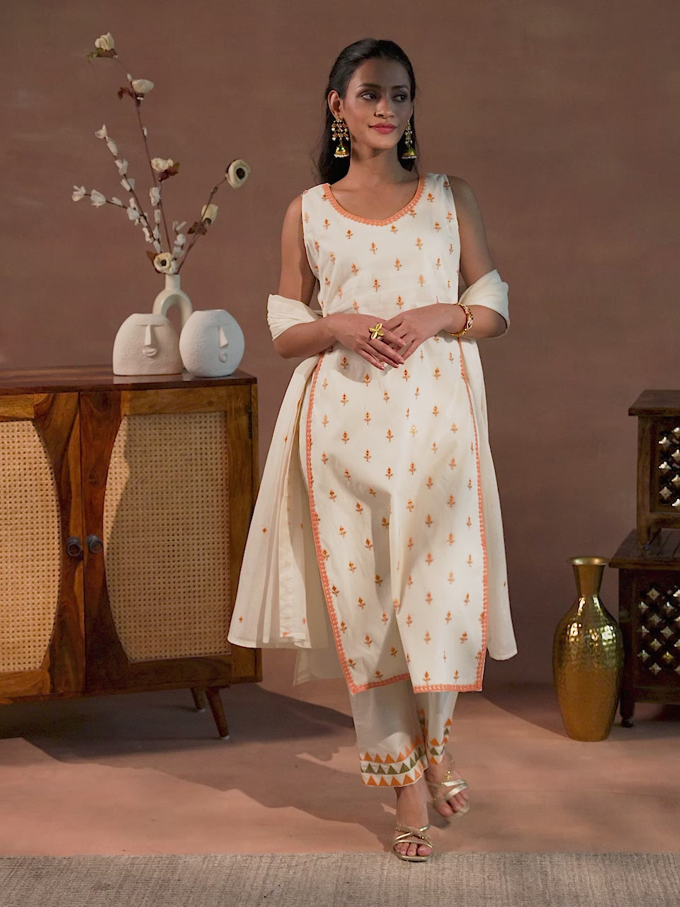 Off White Embroidered Cotton Straight Suit With Dupatta