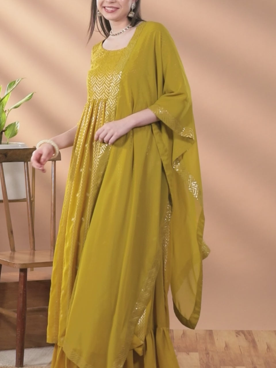 Mustard Embroidered Georgette A-Line Kurta With Palazzos & Dupatta