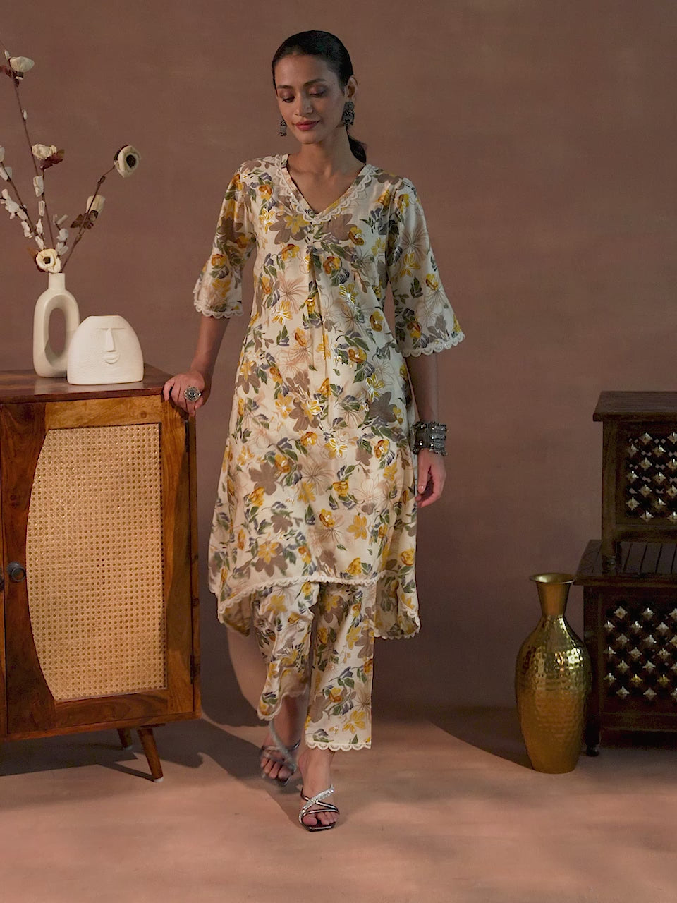 Beige Printed Chanderi Silk A-Line Kurta With Trousers