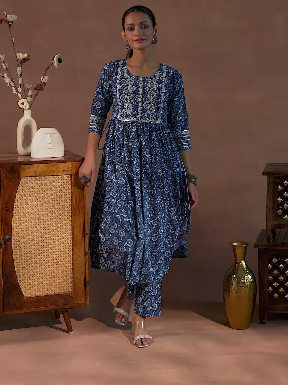 Indigo Printed Cotton A-Line Kurta With Trousers