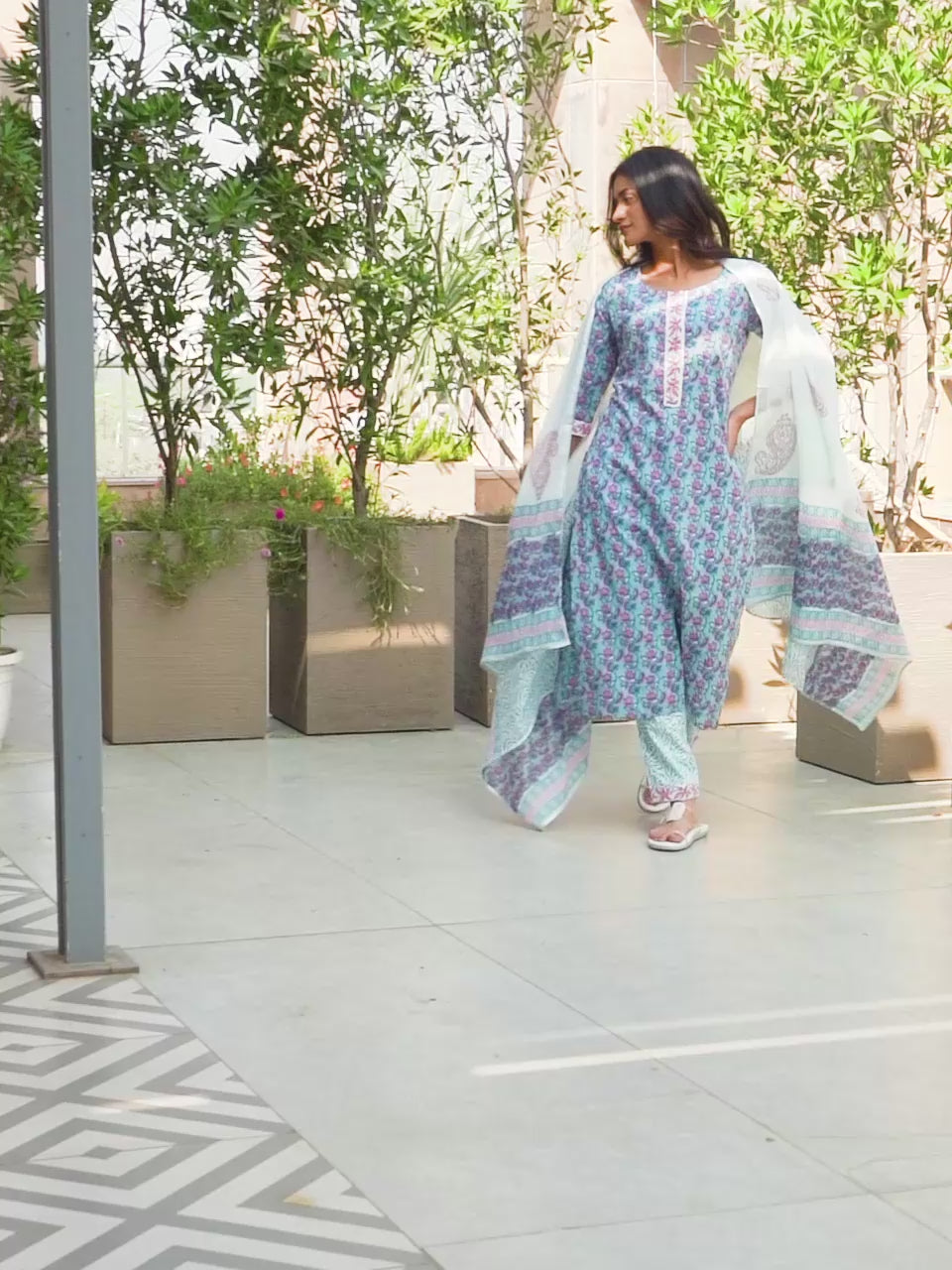 Blue Printed Cotton Straight Suit With Dupatta