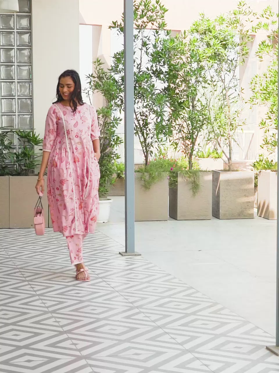 Pink Printed Silk Blend A-Line Kurta With Trousers