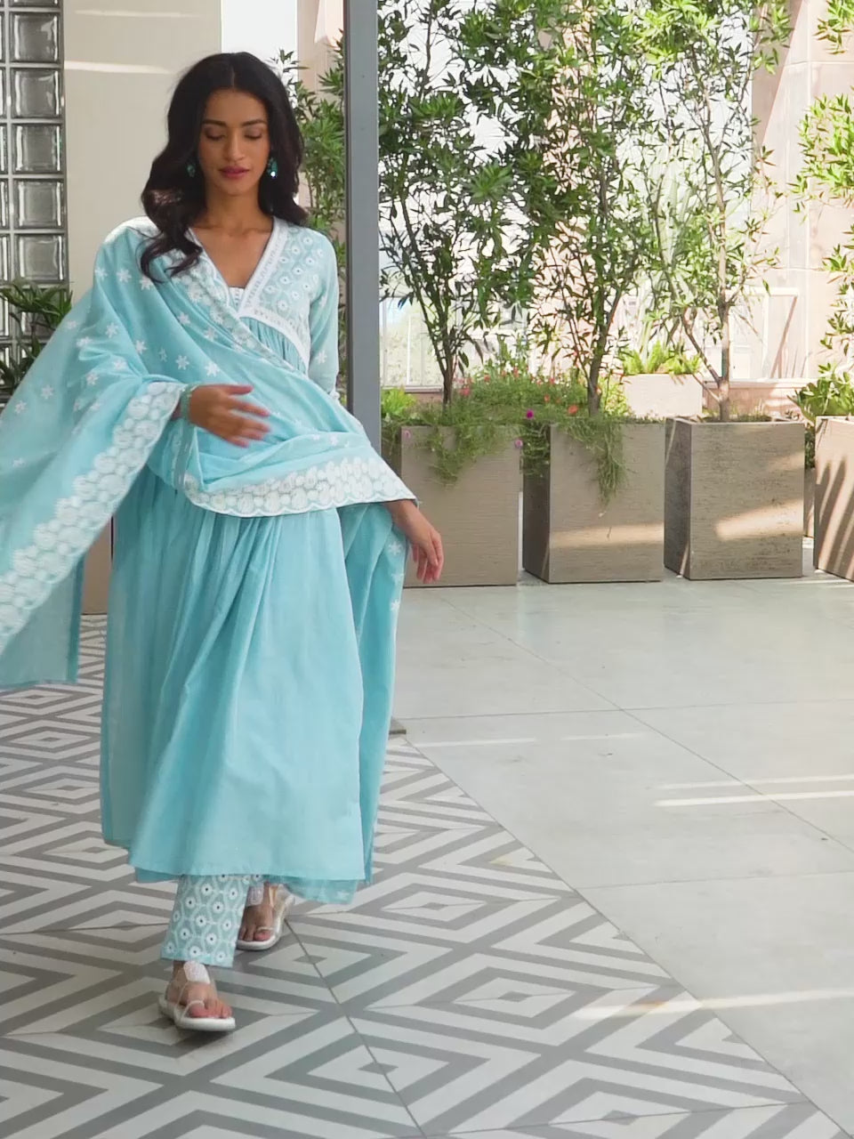 Blue Embroidered Cotton A-Line Kurta With Palazzos & Dupatta