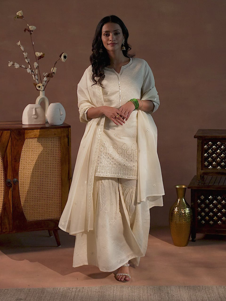 Off White Embroidered Cotton Straight Suit With Dupatta