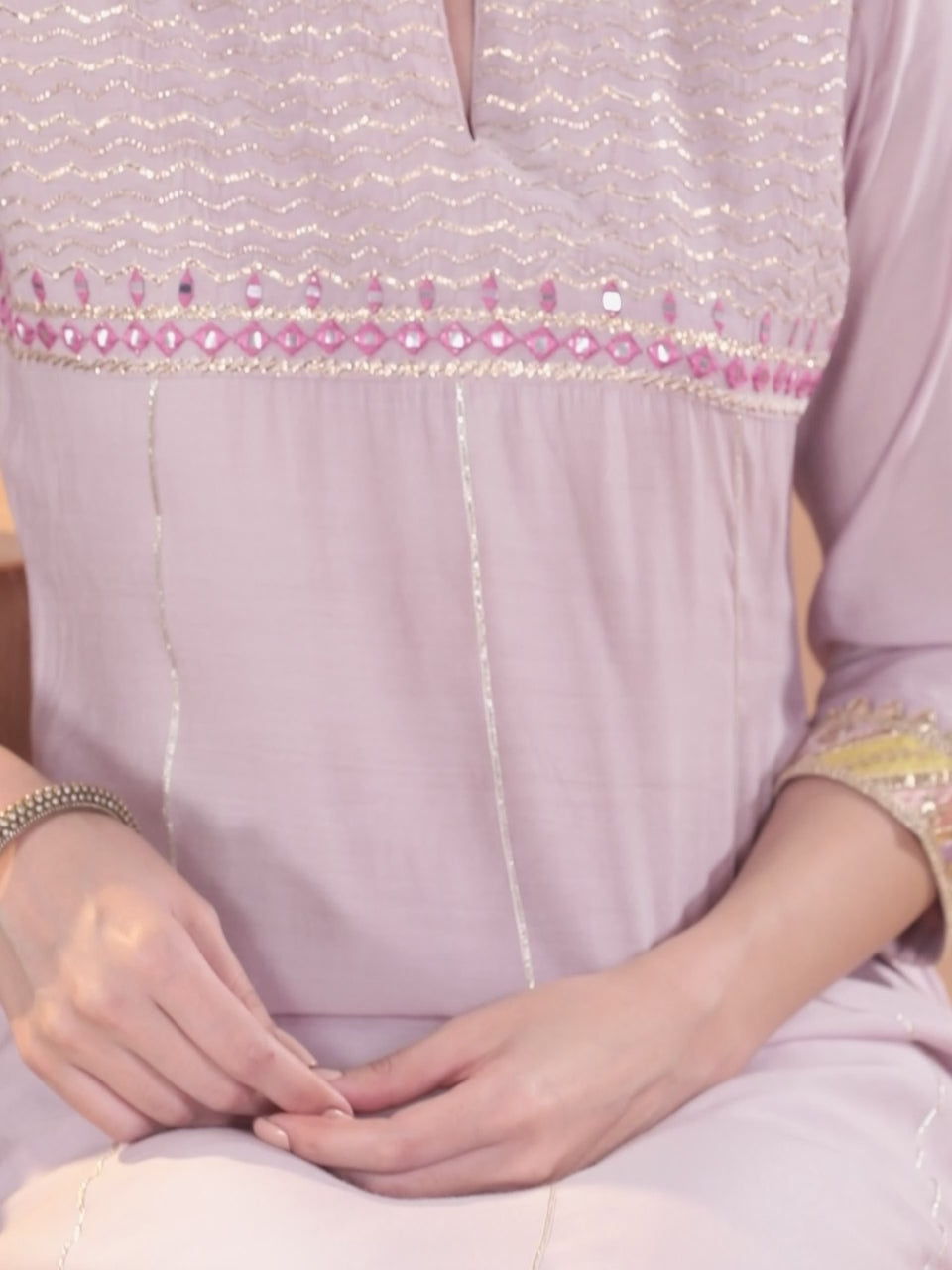 Pink Yoke Design Silk Blend A-Line Kurta With Trousers & Dupatta