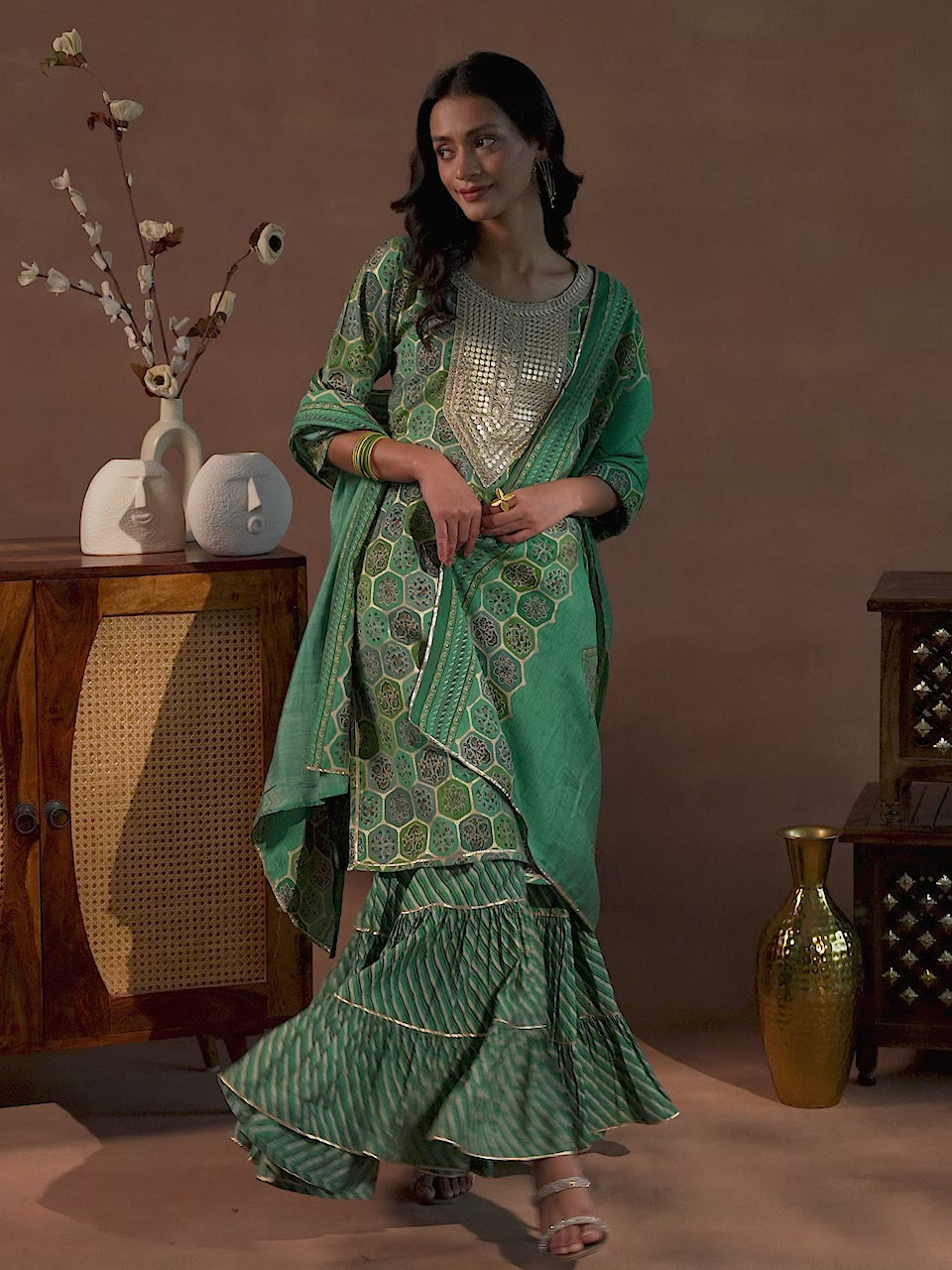 Green Printed Silk Blend Straight Suit With Dupatta