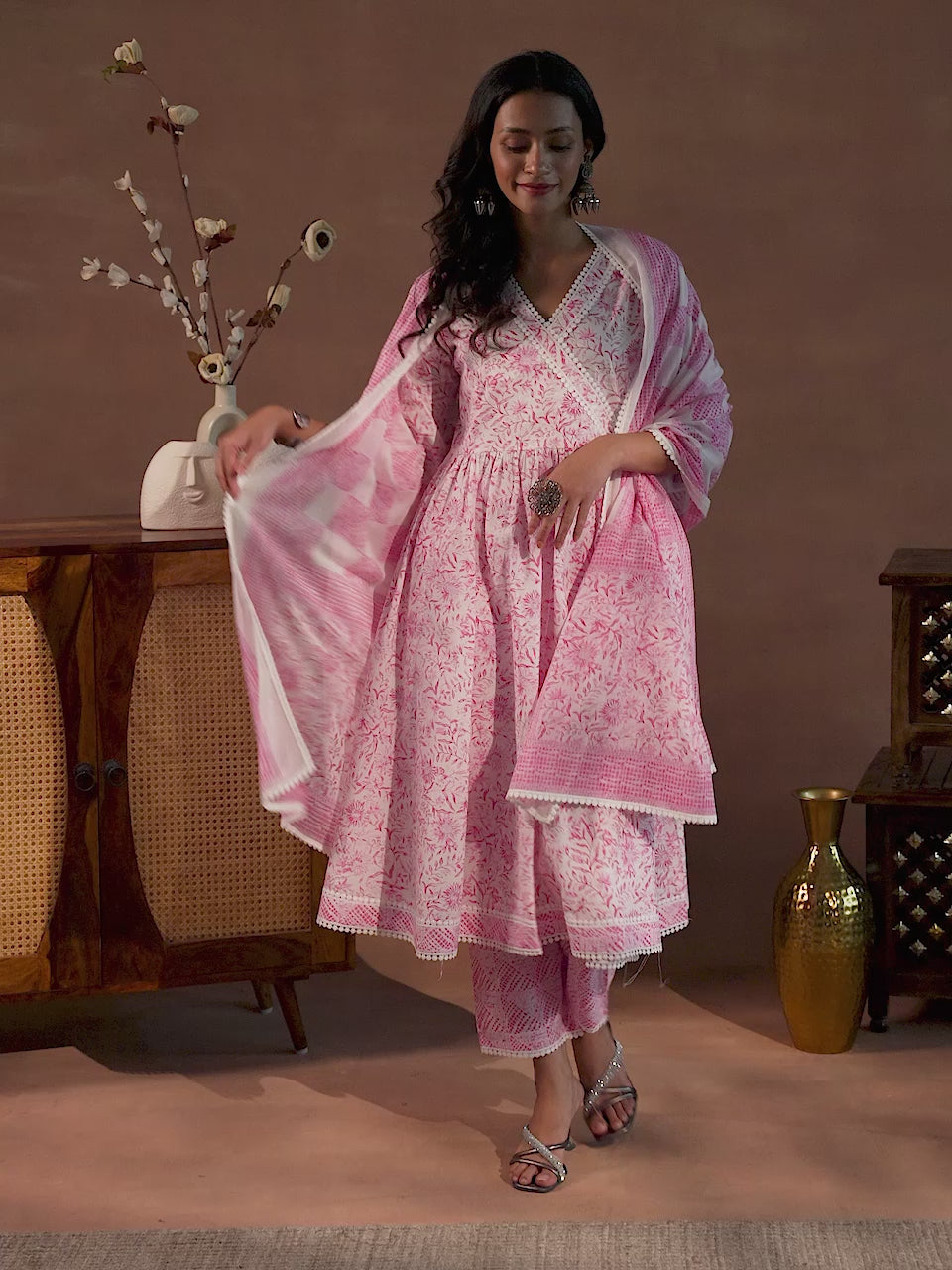 Tabassum  Pink Printed Cotton A-Line Kurta With Palazzos & Dupatta