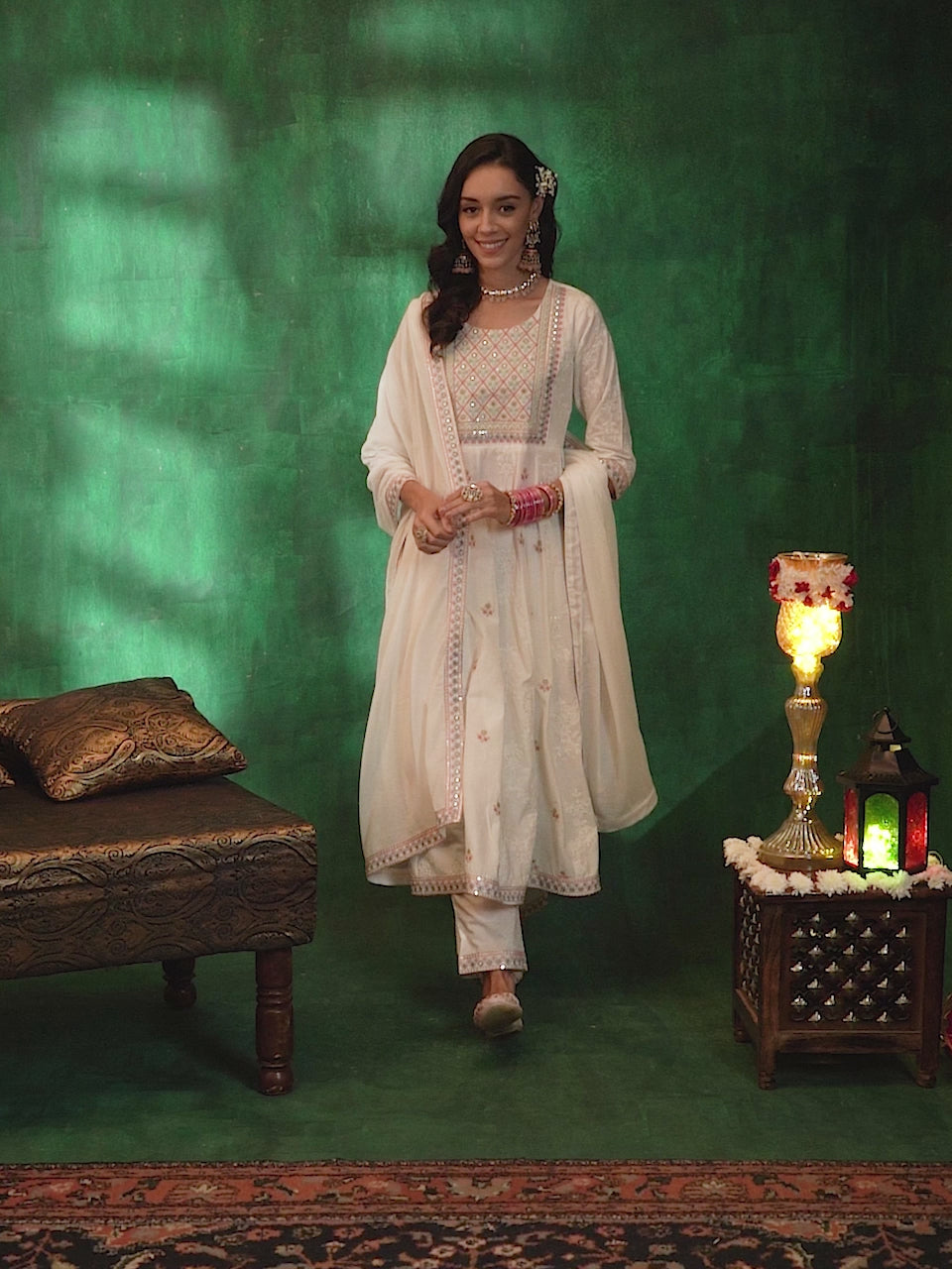 White Embroidered Cotton A-Line Kurta With Trousers & Dupatta