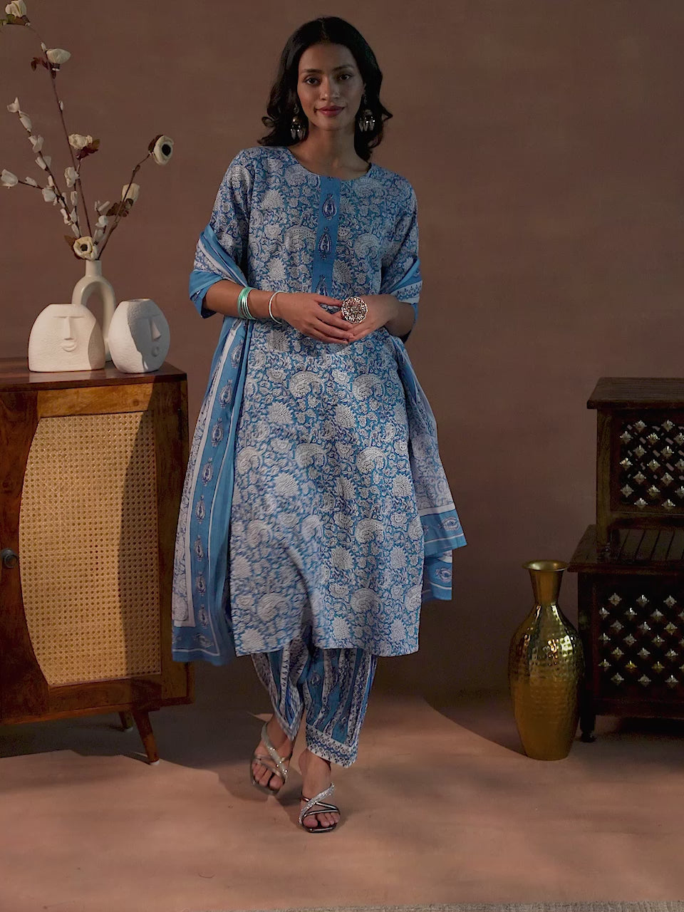 Blue Printed Cotton Straight Suit With Dupatta