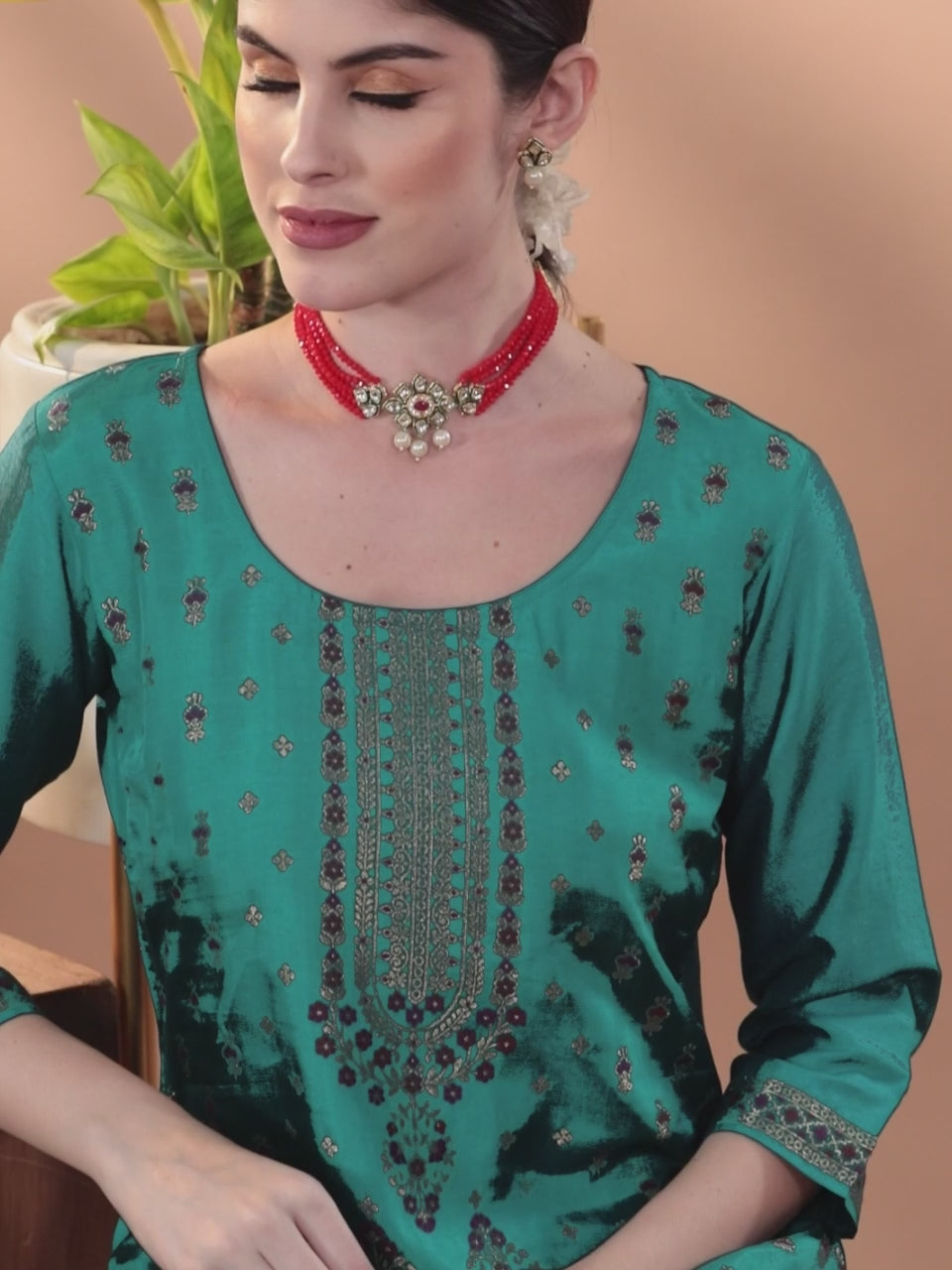 Turquoise Woven Design Silk Blend Straight Suit With Dupatta