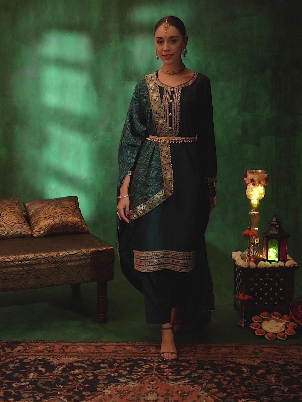 Teal Embroidered Silk Blend Straight Suit With Dupatta