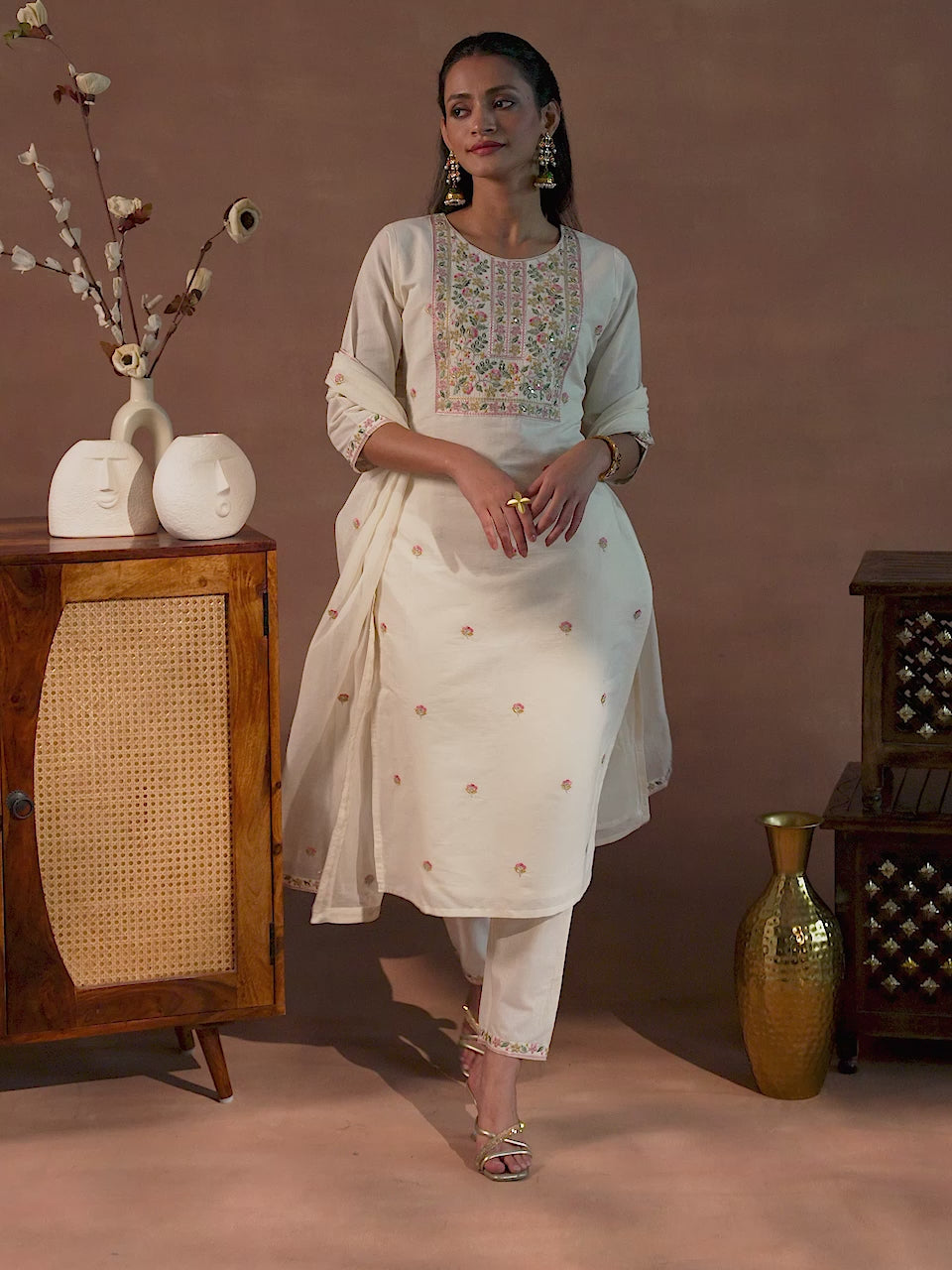 Off White Yoke Design Cotton Straight Suit With Dupatta