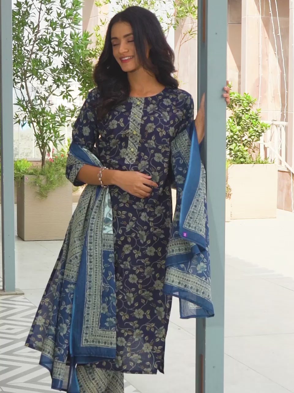 Blue Printed Cotton Straight Suit With Dupatta