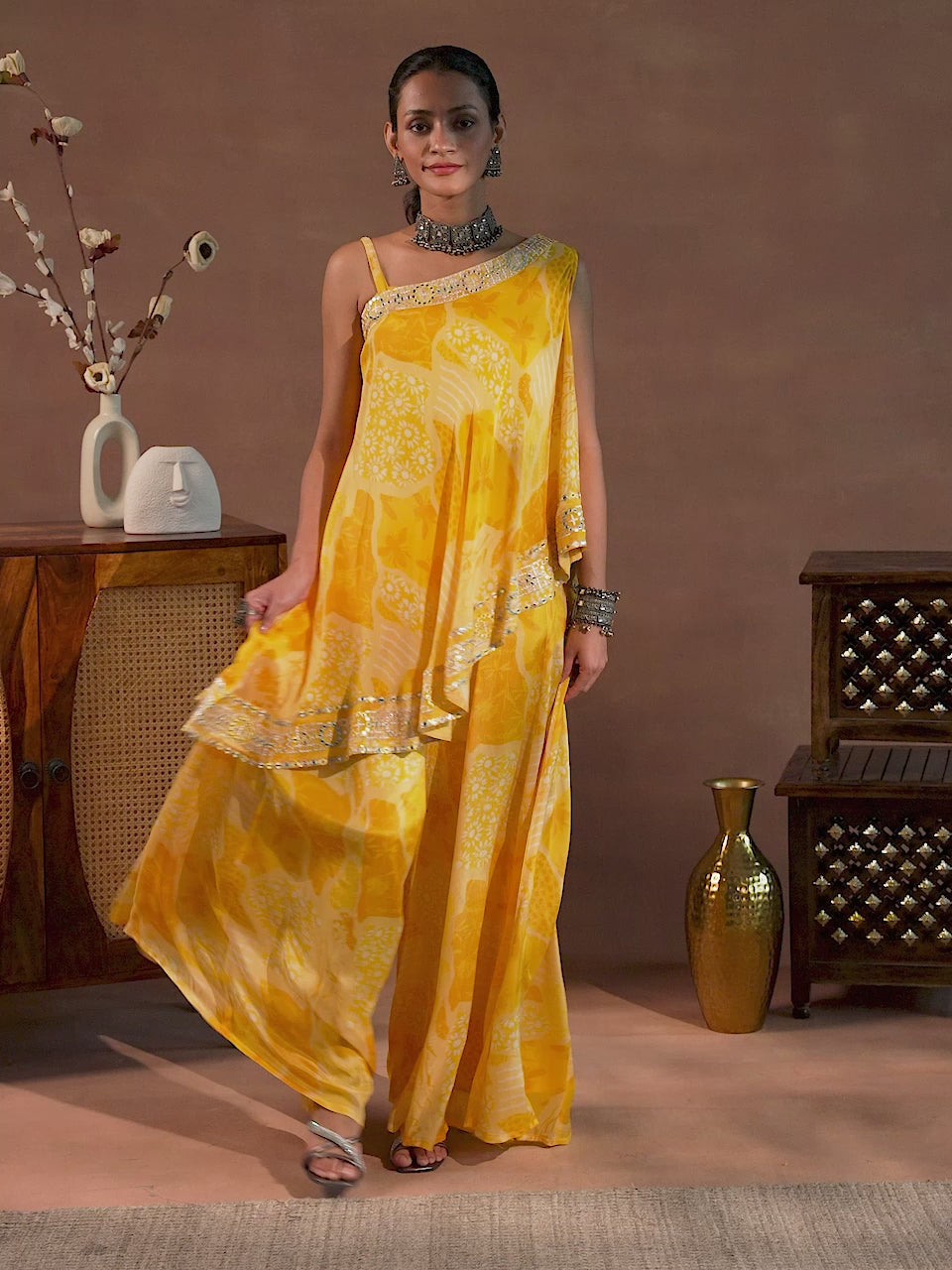 Naaz Yellow Printed Silk Blend Co-Ords