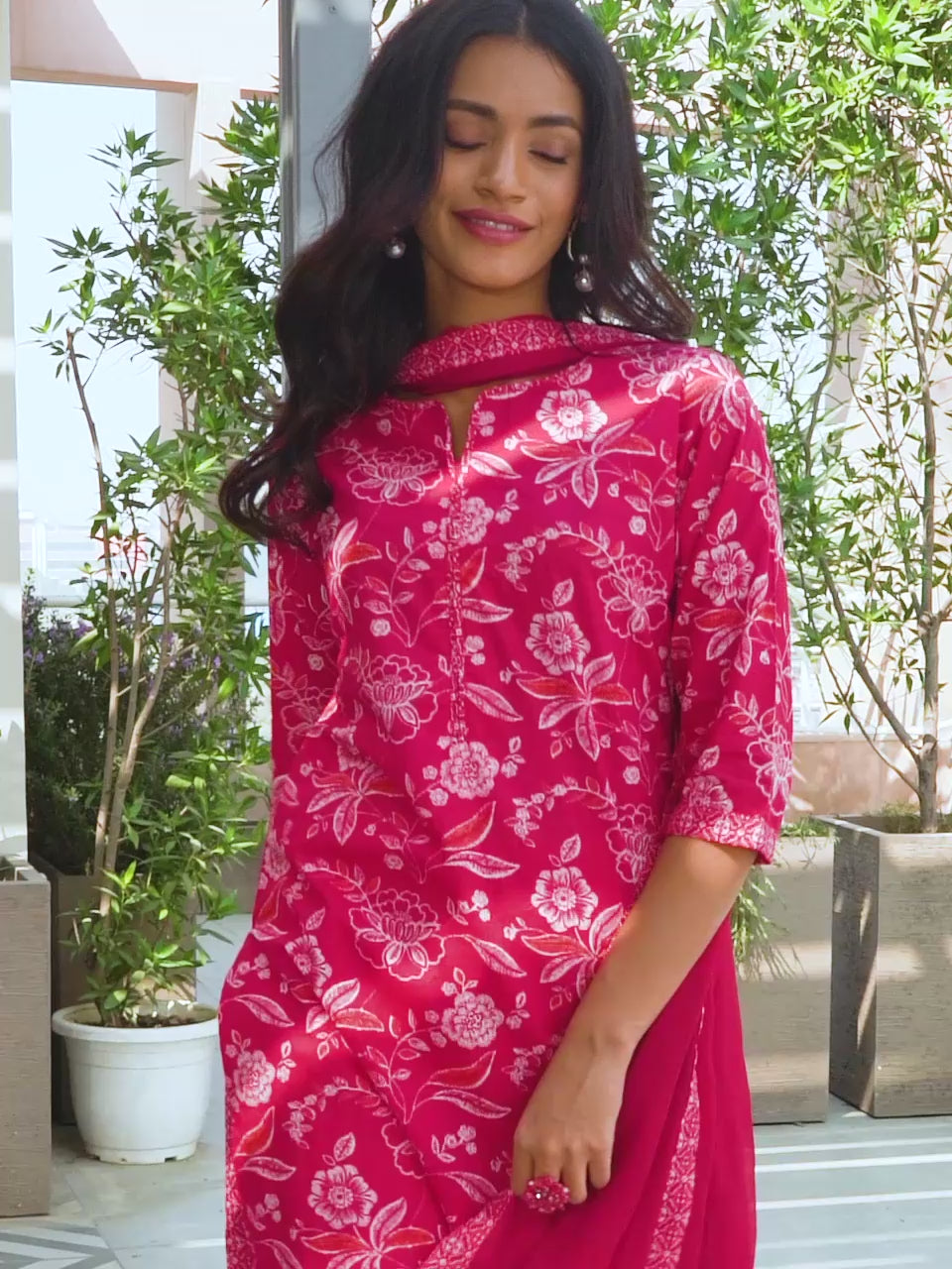 Pink Printed Cotton Straight Suit With Dupatta