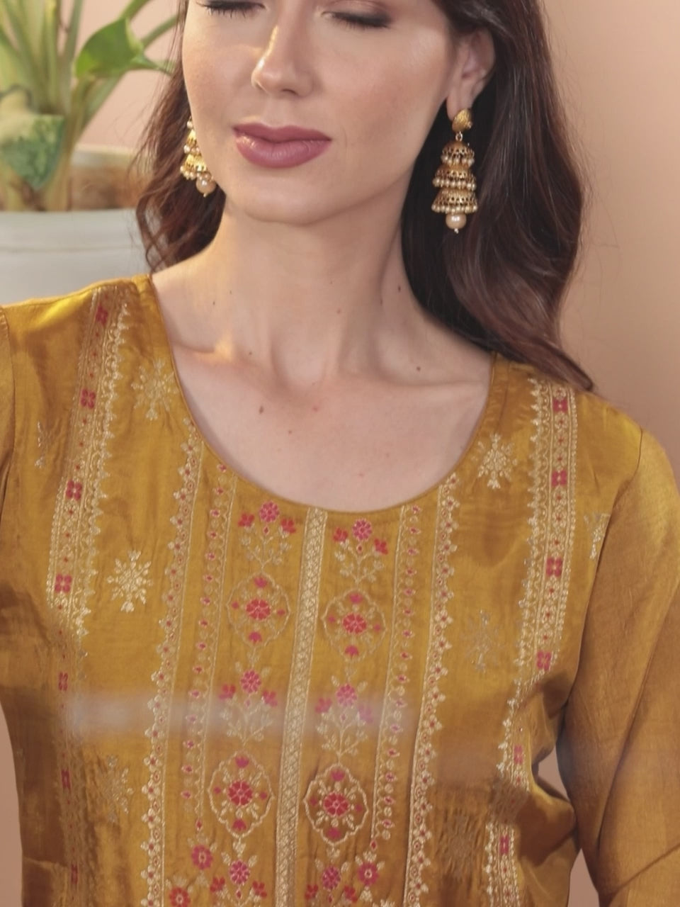 Mustard Self Design Silk Suit Set