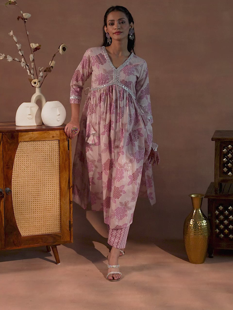 Mauve Printed Cotton A-Line Kurta With Trousers