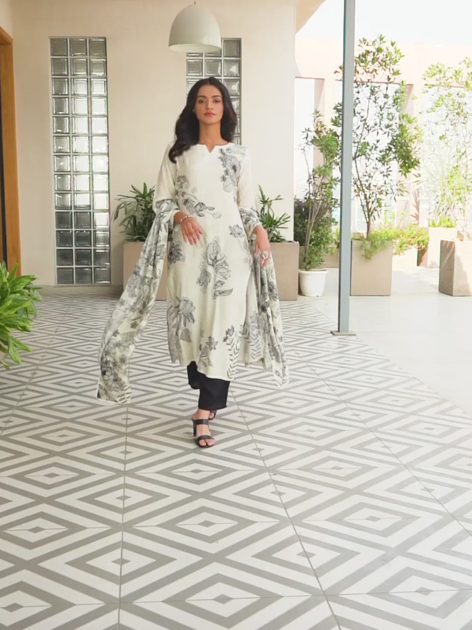 Monochrome Printed Silk Blend Straight Suit With Dupatta